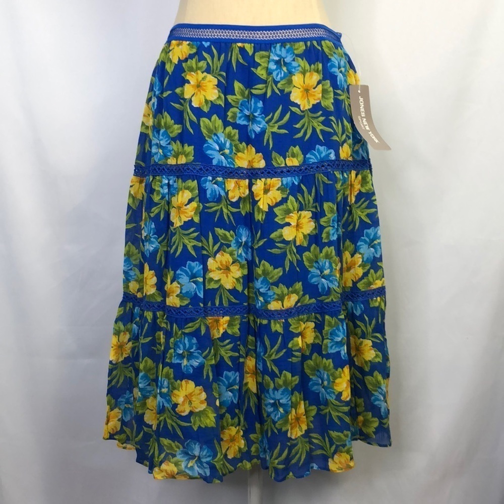 JONES NEW YORK Skirt Floral Cotton Lace Tiered Lined Elastic Waist Midi Sz M